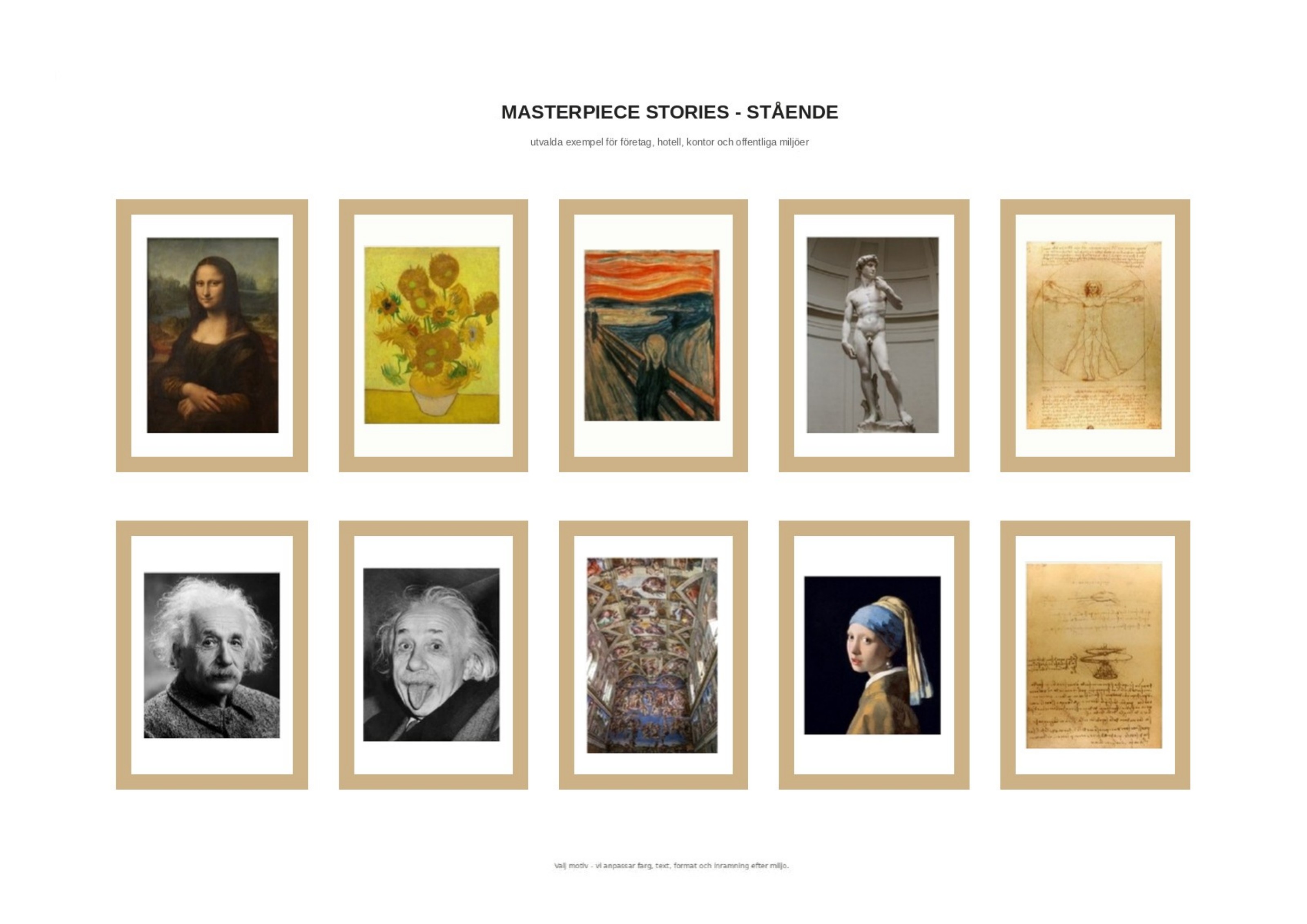 Tio kända mästerverk som inramade väggposters — Mona Lisa, Solrosor, Skriet, David, Vitruvianske mannen, Einstein, Sistinska kapellet, Flickan med pärlörhänget och da Vincis skisser.