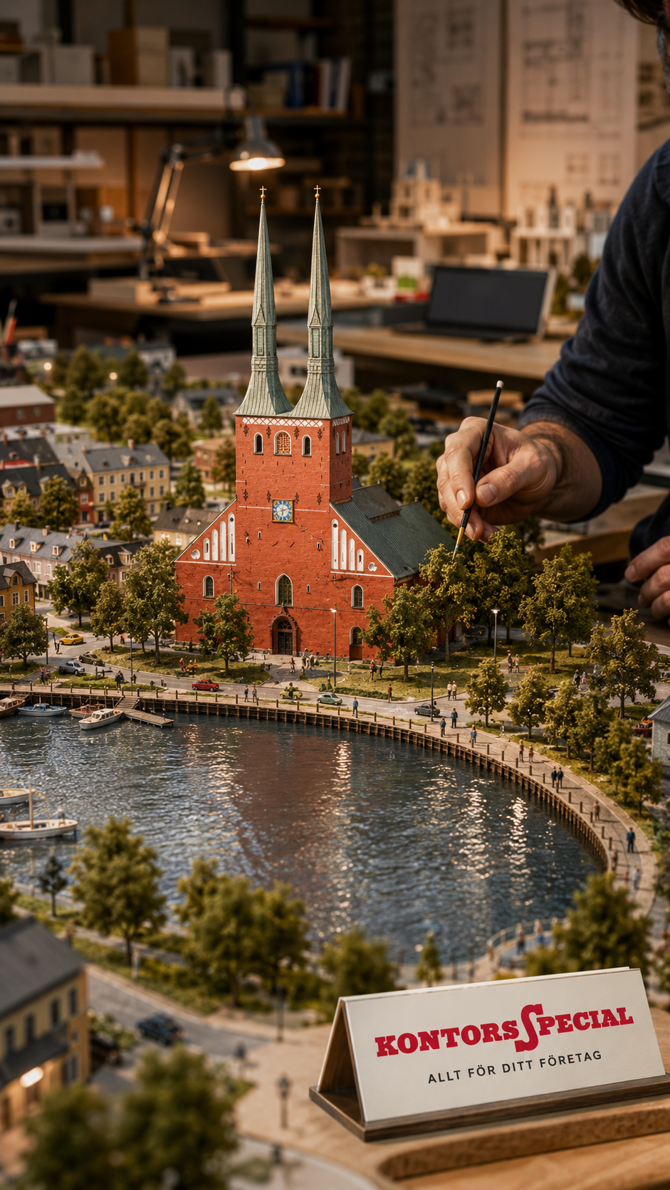 Handmålat stadsmotiv i ateljémiljö som visar hantverk och personlig känsla.