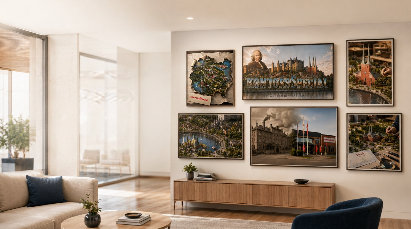 Modern loungemiljö med Wall Stories-tavelvägg i olika format och varm skandinavisk känsla.