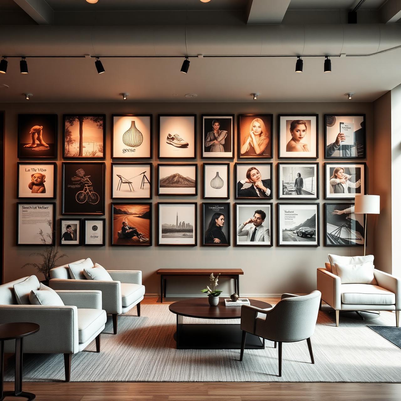 Elegant lounge med en stor kuraterad tavelvägg — exempel på väggleasing från Wall Stories.