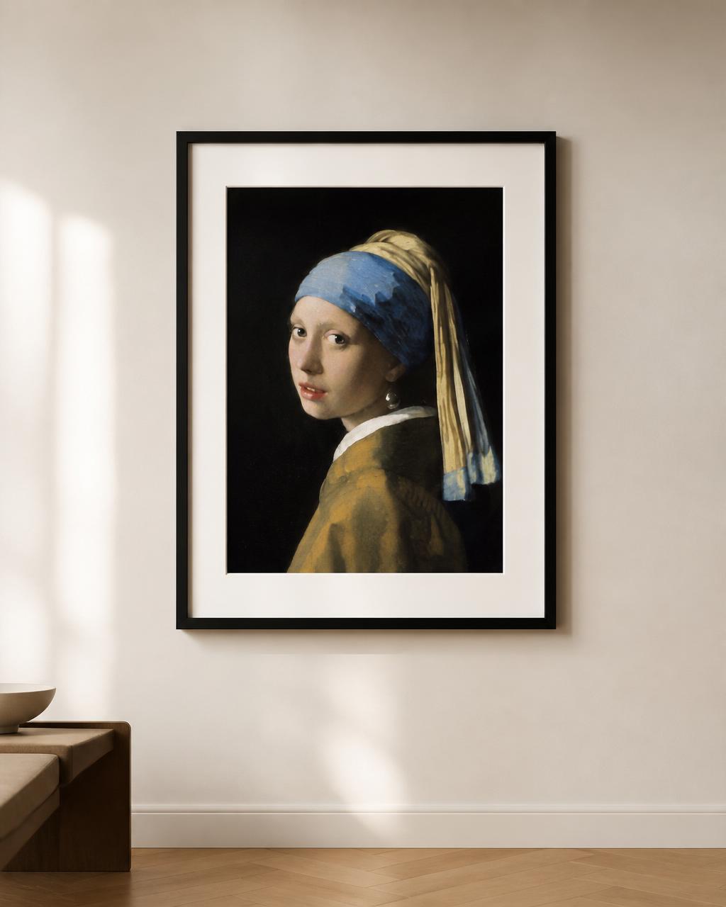 Modern tolkning av Mona Lisa som elegant väggposter i en förfinad interiör.
